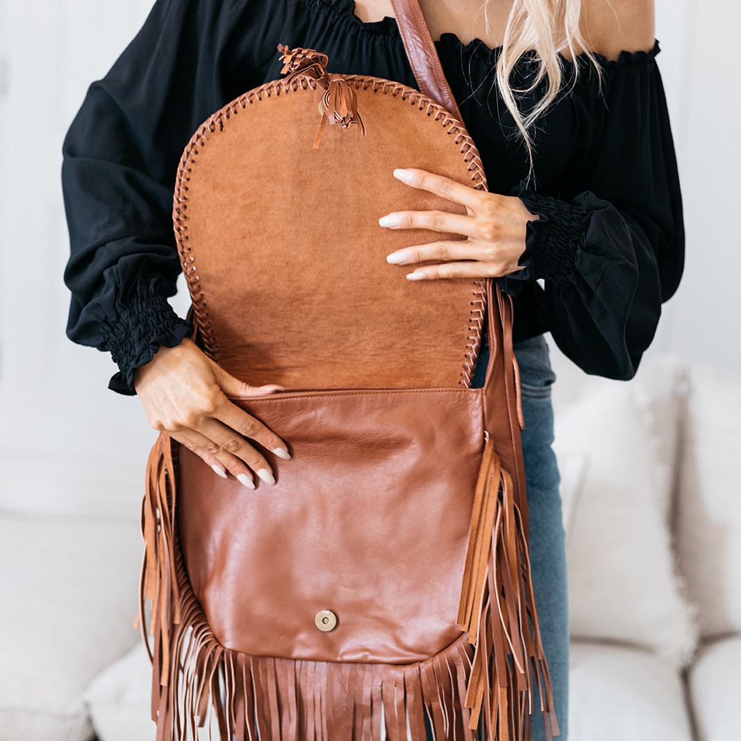 Buffalo Leather Fringe Handbag, Saddle, Small