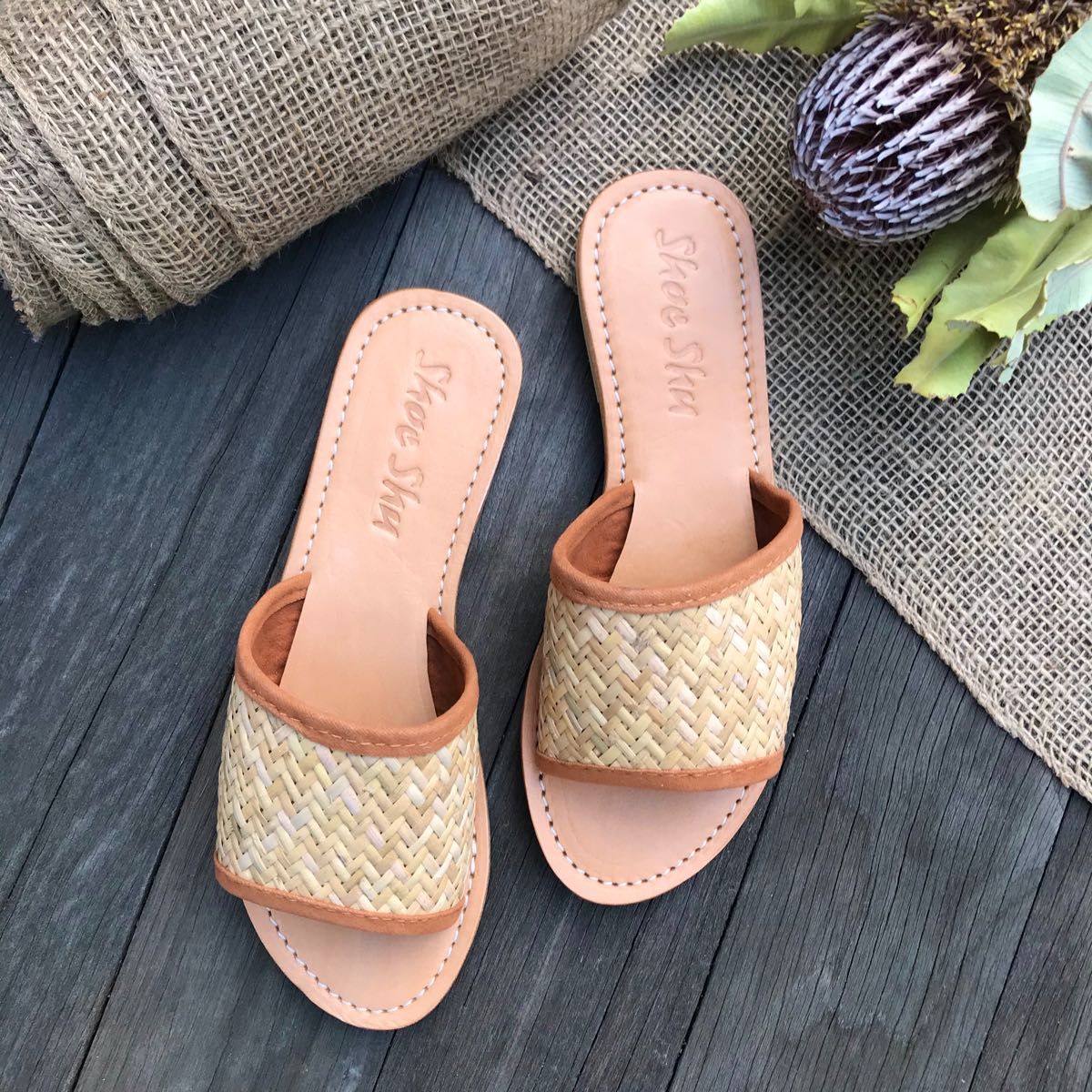 rattan slide sandals
