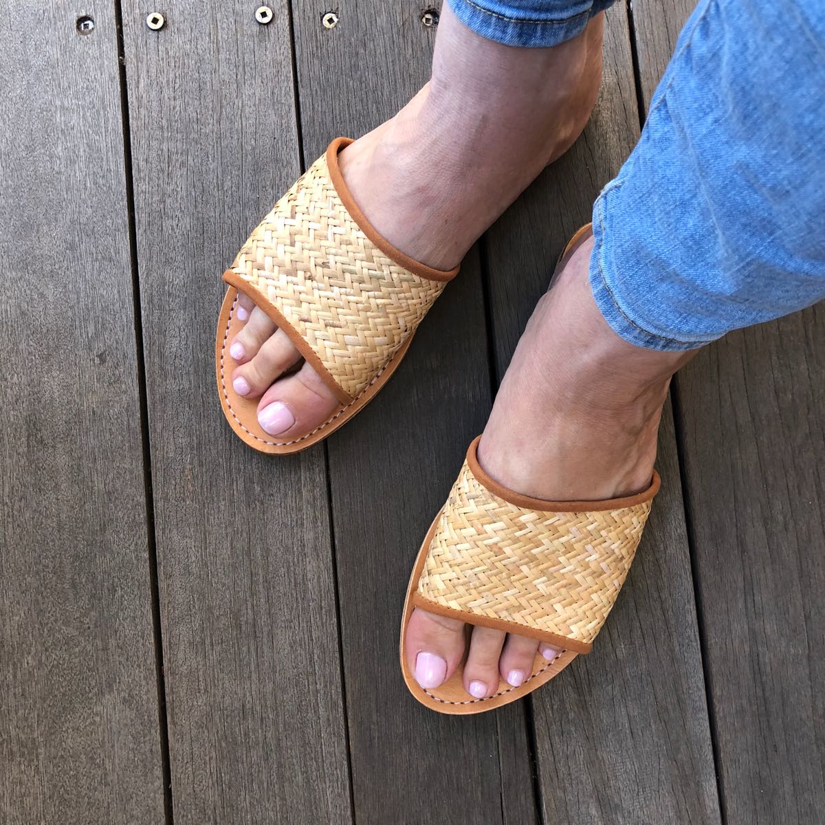 rattan slide sandals