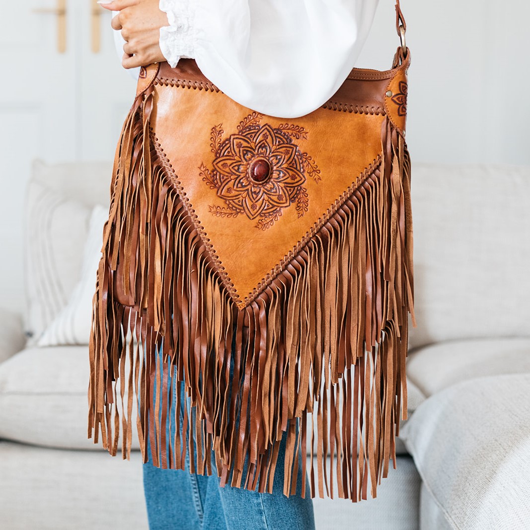 Fringe WESTERN LEATHER BAG Turquoise Stone, Real Cowhide Purse, Boho Tassel  Bag | Maya's Curiosities